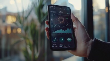 AI-powered fintech startup concept A business person presenting a startup financial app interface