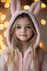 Little girl in a fluffy pink bunny hoodie, soft lighting against a pastel background, cheerful and cute expression