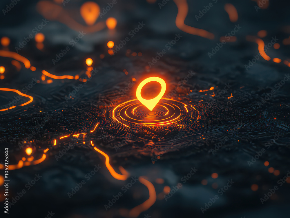 Abstract digital map with glowing orange location pins and futuristic ...