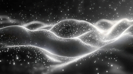 Poster - Black and white abstract image of wave patterns with glowing dots, resembling flowing data or particle streams