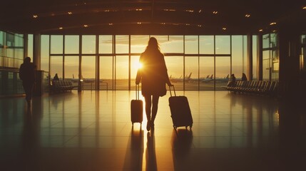Poster - Woman is walking through an airport terminal with luggage at sunset. Airplanes are visible on the tarmac outside the windows