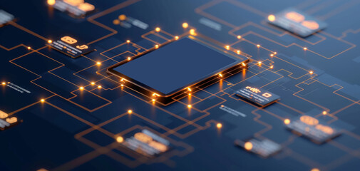 Poster - Close-up of a microchip on a circuit board with glowing connections, showcasing advanced technology and digital innovation, ideal for tech-related projects.