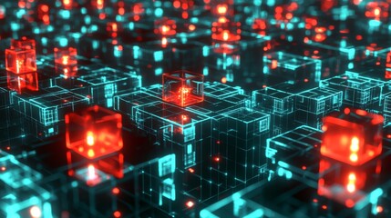 Blockchain network financial infrastructure A 3D blockchain structure with glowing cubes interconnected, representing secure transactions and financial technology