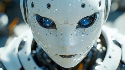 Poster - Hyperdetailed close-up of a white robot with expressive blue eyes, showcasing advanced technology and artificial intelligence design