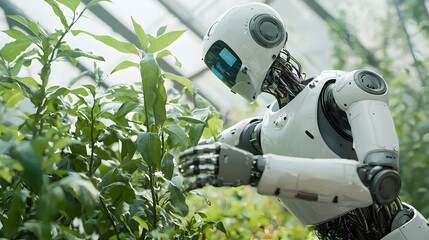 Poster - robotic gardener tending to smart greenhouse plants with precision tools and sensors