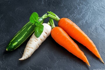 Aufkleber - A minimalist representation of a carrot, mushroom, and bitter melon side by side, with simple lines and a modern style