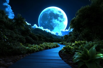 Wall Mural - A mysterious forest with giant durians and jackfruits growing under a full moon, with eerie mist swirling around