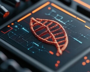 Closeup of lab tools for genetic editing with datadriven holographic interface, smart genetic tools, hightech, closeup