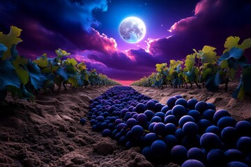 Wall Mural - A mysterious vineyard with dark purple grapes growing under a full moon, with mist swirling around and eerie shadows