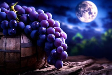 Wall Mural - A mysterious vineyard with dark purple grapes growing under a full moon, with mist swirling around and eerie shadows