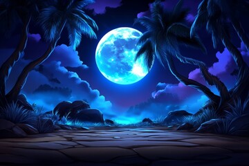 Wall Mural - A mysterious forest with mango and longan trees growing under a full moon, with fog and shadows adding an eerie feel