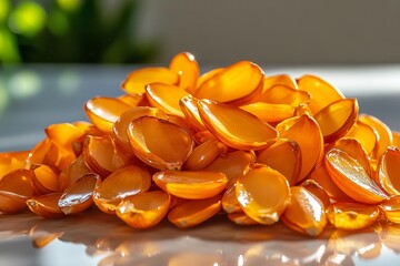Poster - A pile of peeled shallots, glistening with moisture, set in a bright, natural light on a kitchen countertop