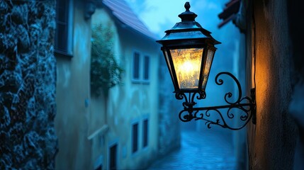 Dimly glowing metallic lantern hung on a wrought iron bracket, illuminating a narrow, old European street on a foggy night.