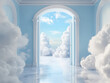 © Bramcrye - Surreal image of an open door leading from an elegant blue room to a cloud-filled sky, creating a dreamlike atmosphere.