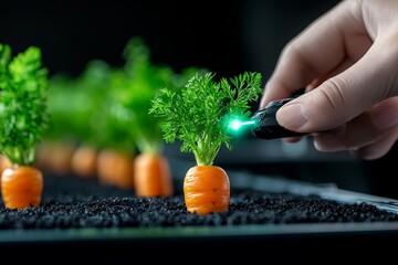 Aufkleber - Carrots being harvested by robotic arms in a futuristic farm setting, with neon-lit hydroponic systems in the background