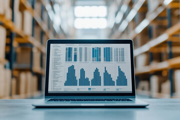 Poster - A laptop displaying data analytics on a desk in a warehouse, surrounded by shelves filled with boxes.