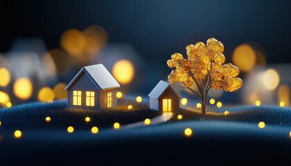 Poster - A serene scene featuring illuminated houses and a golden tree on rolling hills, surrounded by soft glowing lights under a dark sky.
