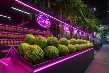 Poster - Durians displayed in a high-tech market stall with holographic price tags and glowing neon accents