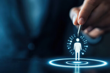 Fototapete - A hand manipulates a holographic figure, illustrating concepts of technology, control, and innovation in a digital landscape.