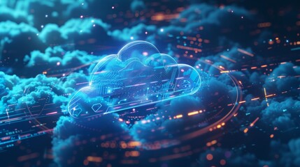 Poster - Glowing digital cloud visualizing secure data storage and access in innovative cloud computing system, symbolizing future of online information management