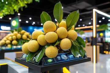 Poster - Longan fruits displayed in a high-tech market with holographic price tags and neon accents, creating a futuristic vibe