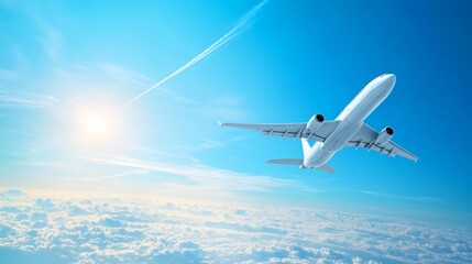 Poster - White passenger airplane flies high above fluffy clouds on a sunny day, symbolizing travel and freedom