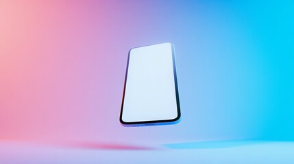 Fototapete - A smartphone is floating in mid-air, hovering above a light background. The screen is illuminated and blank, while the device is surrounded by a pink and blue gradient.