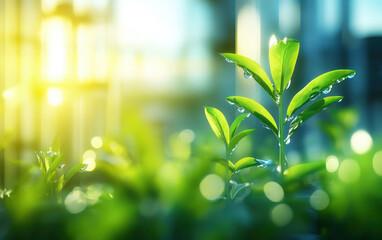 Leinwandbilder - A close-up of vibrant green leaves with water droplets, illuminated by soft sunlight, highlighting the beauty of nature and growth.