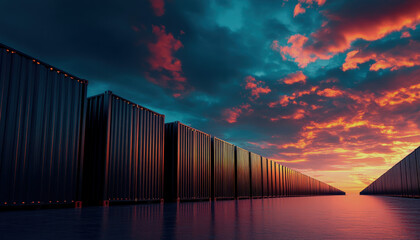Poster - A surreal landscape featuring towering structures contrasted against a vibrant sunset sky, reflected in calm waters.