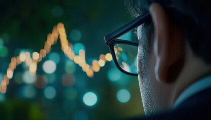 Fototapete - A person gazes at a digital graph displaying data trends, illuminated by colorful lights in the background, evoking a sense of analytics and insight.