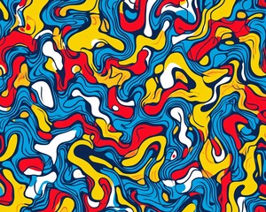 Poster - Vibrant abstract pattern featuring swirling colors of red, blue, yellow, and white, creating a dynamic visual effect on a textured surface.