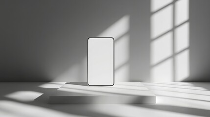 Poster - A sleek smartphone is placed upright on a simple pedestal in a bright room. Sunlight filters through large windows, casting sharp shadows and creating a serene, modern atmosphere.