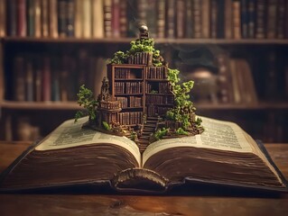 Poster - Miniature Library Blossoming from an Open Book Symbolizing the Depth of Knowledge