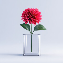 Poster - A vibrant pink flower stands elegantly in a clear glass vase, showcasing its beauty against a soft, neutral background.