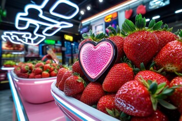 Poster - Strawberries displayed in a high-tech market stall with neon signs and holographic price tags, creating a futuristic vibe