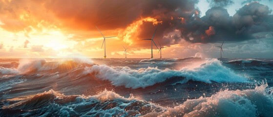 Wall Mural - Image shows stormy ocean at sunset with 6 wind turbines, dark clouds, golden glow, and dramatic sky, creating a turbulent ambiance.