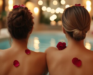 Two women with rose petals relaxing by a pool in a serene setting.