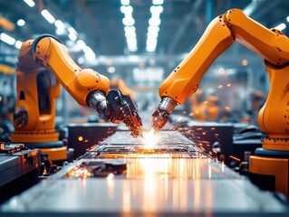 Close-up of robotic arms working in a modern factory, showcasing precision and technology in manufacturing.