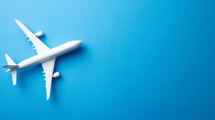Poster - Minimalist photo of a white airplane model on a blue background with copy space, ideal for travel and tourism related themes