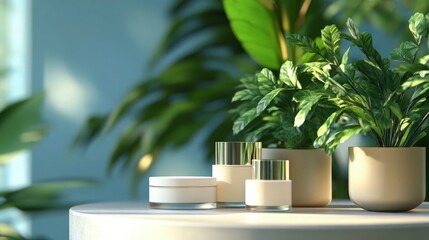 Make a lasting impression with your cosmetic product presentation using a sophisticated podium display adorned with elegant plants.