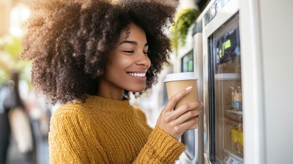 Woman picking up a drink from a vending machine with paper cup in hand, surrounded by a relaxed, modern atmosphere.