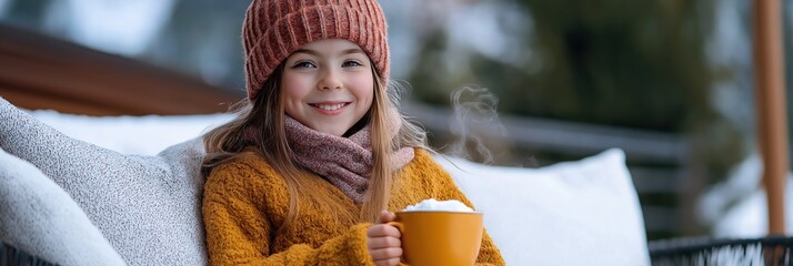 Poster - A young girl is sitting on a couch with a cup of hot chocolate in her hand. She is wearing a yellow sweater and a red hat. Concept of warmth and comfort