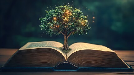 Poster - An open book with a tree growing from its center its branches filled with glowing knowledge symbolizing growth and learning