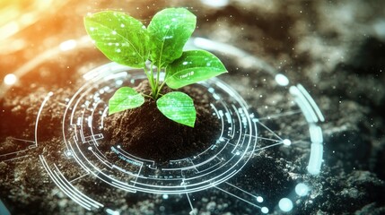 Poster - Plant with digital data display illustrating smart farming concept, highlighting agricultural innovation and technology.