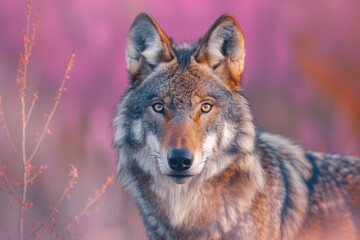 Wall Mural - European wolf female portrait on pink background.