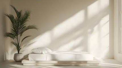 Poster - Minimalist Bedroom with Simplistic Comforts and Natural Accents Symbolizing Tranquility and Calm