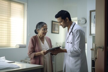 Sticker - Indian doctor showing tablet to an old woman patient hospital adult architecture.