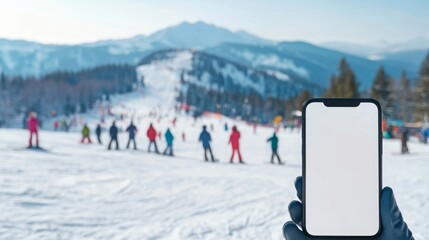 Poster - A hand wearing a black glove holds a smartphone with a blank white screen in front of a snowy mountain scene. The phone is in focus and the mountain scene is blurred in the background.