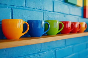 Poster - Row of five colorful ceramic cups sit on a shelf. The cups are arranged in a row, with the blue cup on the far left, the yellow cup in the middle. Cups of different colors are placed on the wall shelf