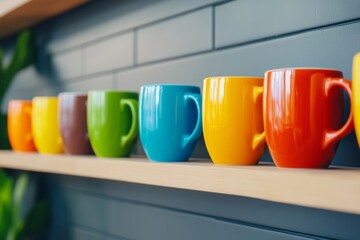 Poster - Row of five colorful ceramic cups sit on a shelf. The cups are arranged in a row, with the blue cup on the far left, the yellow cup in the middle. Cups of different colors are placed on the wall shelf